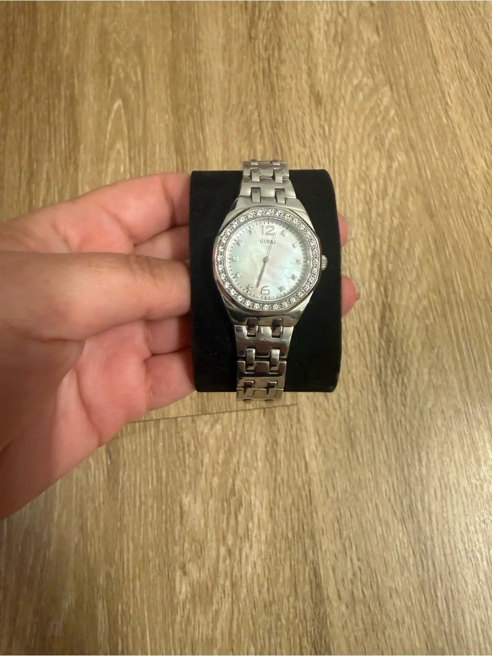 GUESS Silver-Tone Crystal Bezel Watch with Mother-of-Pearl Dial